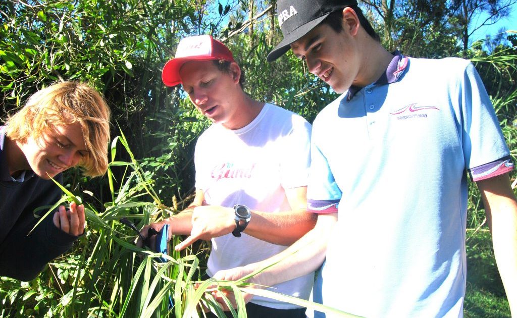 MACS founder Tim Jack Adams with Kingscliff High students Elliot Kahl and Max Tilley. MACS founder Tim Jack Adams with Kingscliff High students Elliot Kahl and Max Tilley.